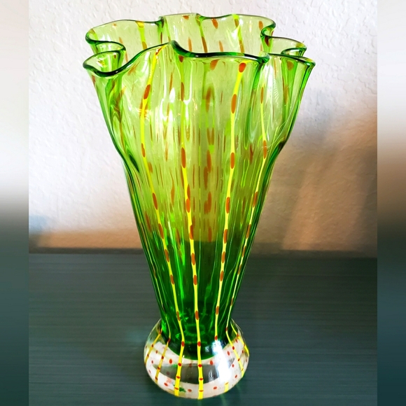 Handblown Art Glass Vintage Retro Green w/Yellow Stripes & Red Dots Groovy Vase - Picture 1 of 9